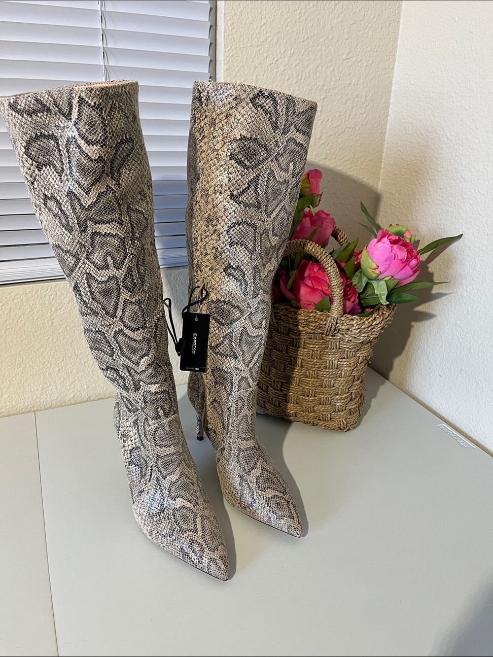 Express Snake-Print Boots in Gray and Black